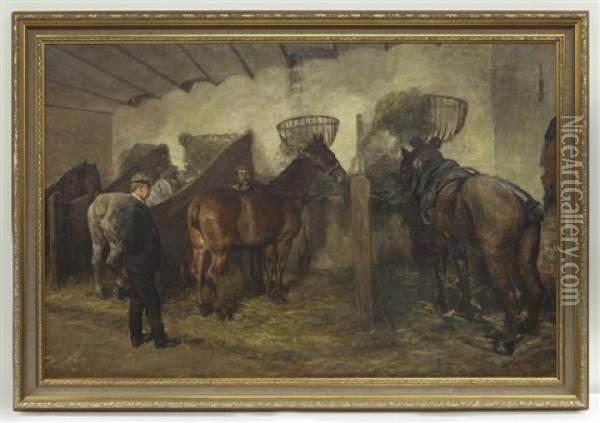 Untitled (stable Master With Horses) Oil Painting - Ernest Midy