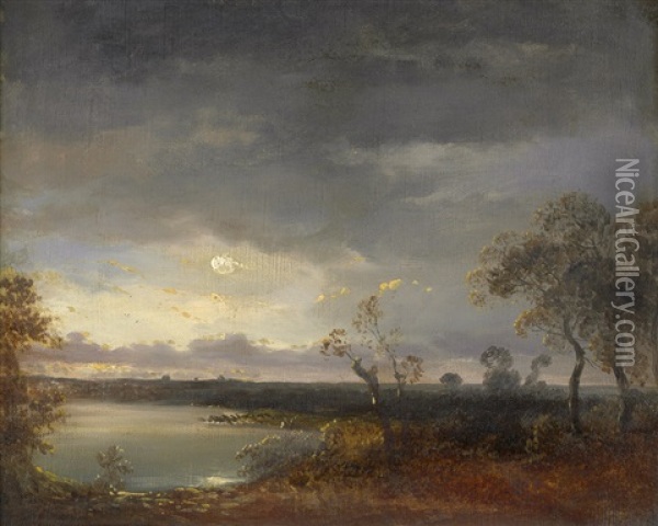 Seenlandschaft Im Mondschein Oil Painting - Wilhelm August Leopold Christian Krause