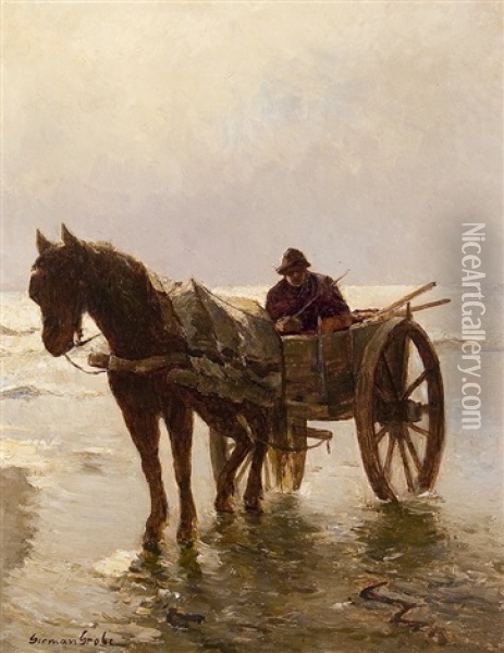 Fisher Carts On The Beach Oil Painting - German Grobe