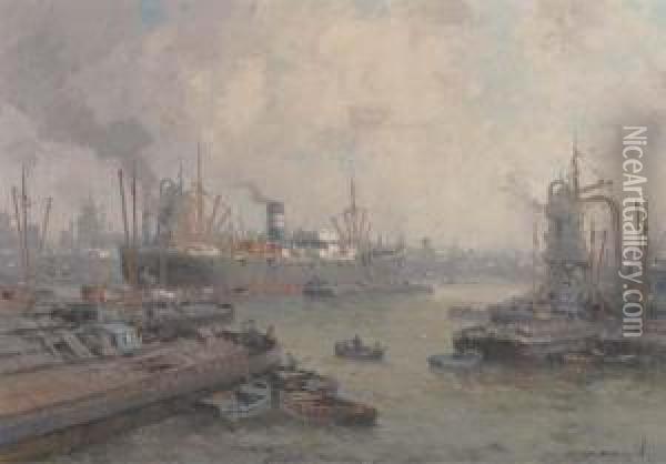 Daily Activities At The Harbour Of Rotterdam Oil Painting - Gerardus Johannes Delfgaauw