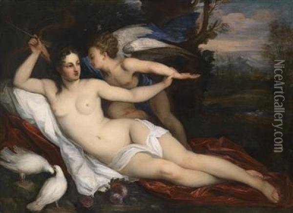Venus And Cupid In A Landscape Oil Painting - Giacinto Calandrucci