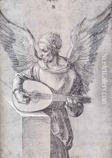 Winged Man, In Idealistic Clothing, Playing a Lute Oil Painting - Albrecht Durer