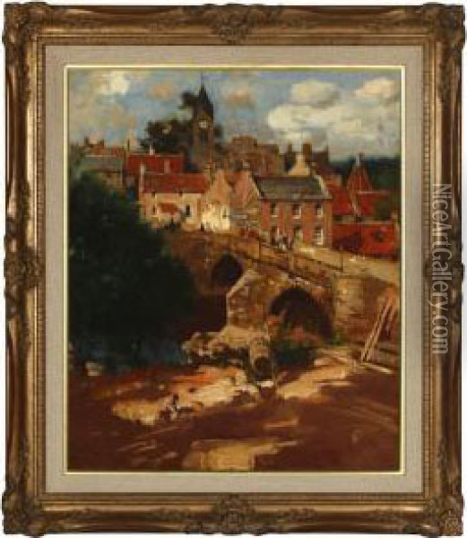Figures On A Bridge In A Scottish Town Scene Oil Painting - James Patterson