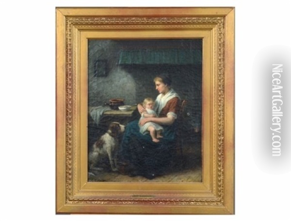 Untitled, Interior Scene With Mother, Child, And Dog Oil Painting - J.J.M. Damschroeder