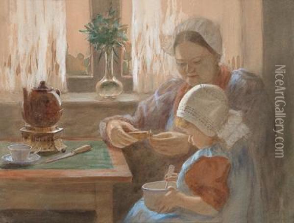 Hollanderin Mit Ihrer Tochter Beim Fruhstuck Oil Painting - Addison Thomas Millar