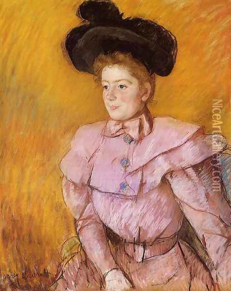 Woman In A Black Hat And A Raspberry Pink Costume Oil Painting - Mary Cassatt