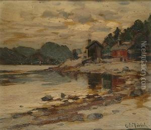 Houses On A Riverbank Oil Painting - Ole Juul