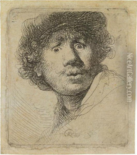 Self Portrait In A Cap, Open-mouthed Oil Painting - Rembrandt Van Rijn