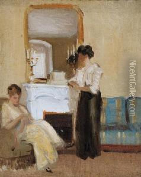 Two Women By Fireplace Oil Painting - May Wilson Watkins Preston