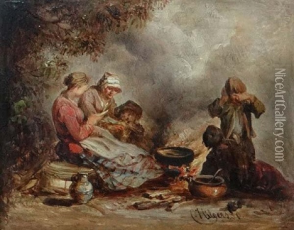 Family Cooking By An Open Fire In A Forest Glade Oil Painting - Carl Hilgers