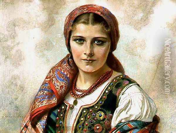 Girl in a Cracovian Folk Costume Oil Painting - Piotr Stachiewicz