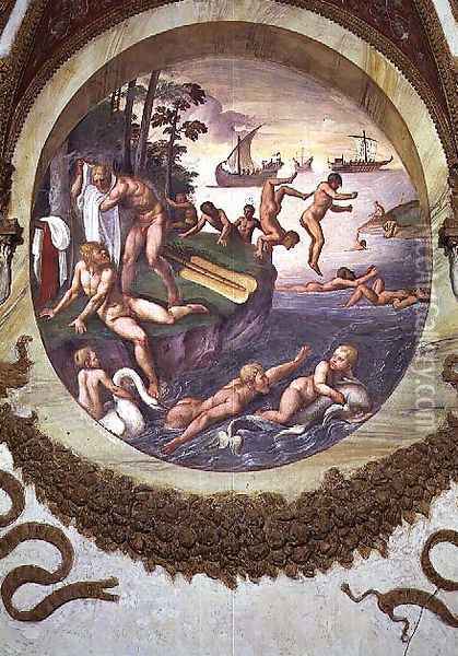 Scene showing that those born under the sign of Aries in conjunction with the constellation of the Ship and Dolphin are imparted with aptitudes for navigation and swimming, symbolised by the ship and swimmers, from the Camera dei Venti, 1528 Oil Painting - Giulio Romano (Orbetto)