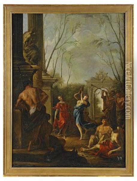 Klassicerande Ruinlandskap Med Dansande Figurer Oil Painting - Johann Heinrich Schoenfeldt