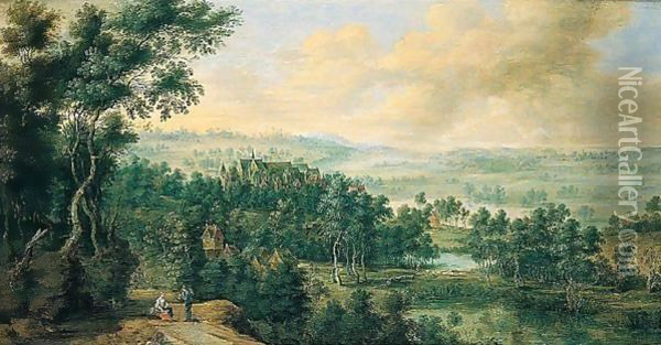 An Extensive Wooded Landscape With A Chateau Oil Painting - Lucas Van Uden