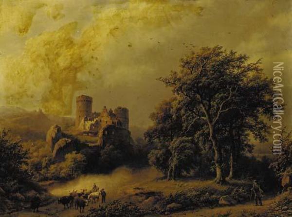 Figures And Cattle On A Path In Wooded Landscape With A Castle Beyond Oil Painting - Barend Cornelis Koekkoek