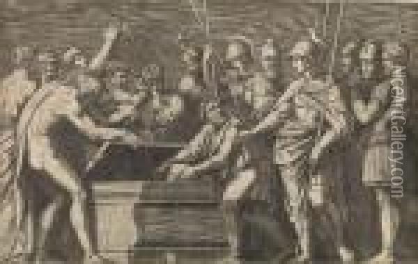 Alexander The Great Honoring The Books Of Homer Oil Painting - Marcantonio Raimondi