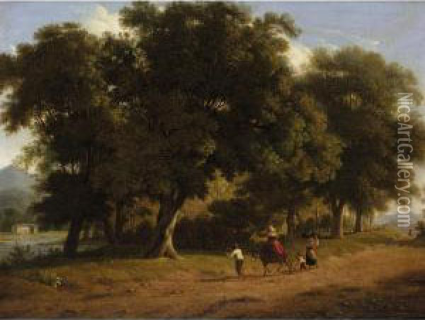 An Italianate Landscape With Figures And Their Donkey On A Road Before A Copse Oil Painting - Alexandre-Hyacinthe Dunouy
