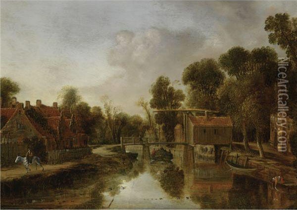 A Village With A Drawbridge Over
 A River, Figures In A Barge Pulledby A Horseman On A Path To The Left Oil Painting - Aert van der Neer