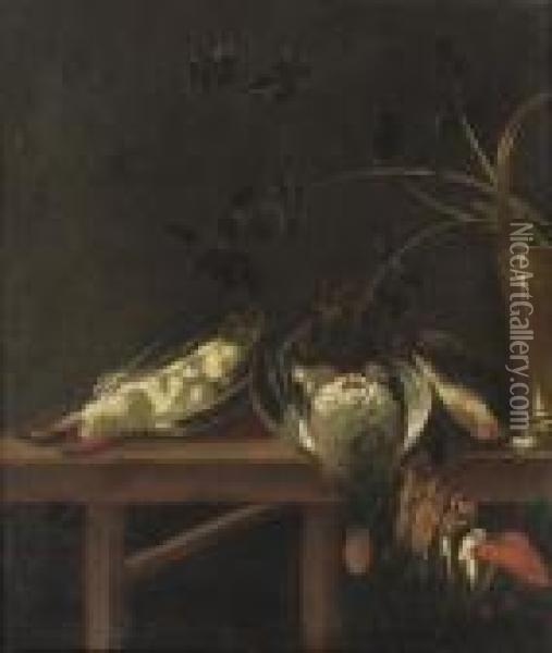 Woodpeckers, Great Tits And A Brass Bucket On A Wooden Table Oil Painting - Adriaen van Utrecht
