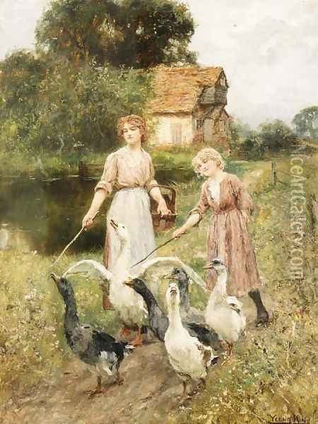 Girls Herding Geese Oil Painting - Henry John Yeend King