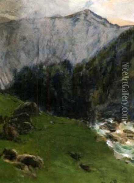 Gebirgslandschaft Mit Wildbach Oil Painting - Theodore von Ehrmanns