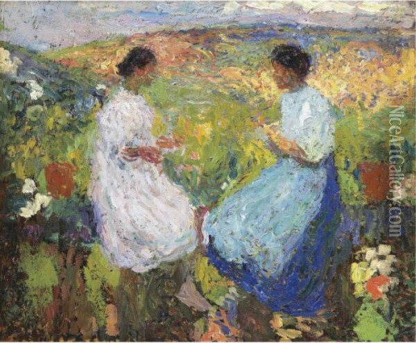 Deux Femmes Assises Face A Face Sur Une Balustrade De Pierre Oil Painting - Henri Martin