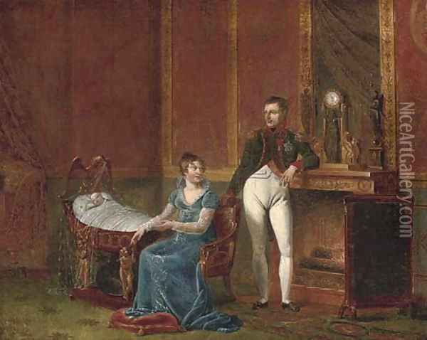 Napoleon and Marie-Louise by the fireside with the infant Napoleon II Oil Painting - Jacques Louis David
