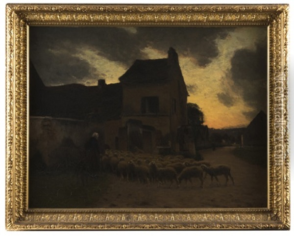 Village At Dusk With Sheep Oil Painting - Louis Alexandre Bouche