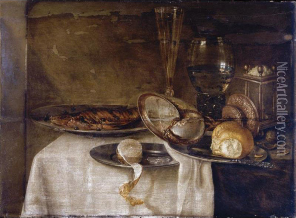 A Still Life With A Roemer, A Tall Wine-glass, A Nautilus Cup, Pewter Plates, Lemons, A Knife And Other Objects, All Arranged On A Partly-draped Table Oil Painting - Maerten Boelema De Stomme