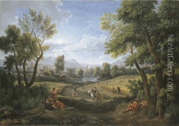 An Extensive River Landscape With Peasants During The Harvest, A Lakeside Town Beyond Oil Painting - Jan Frans van Bloemen
