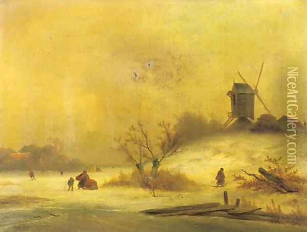 A winterlandscape with peasants near a windmill 2 Oil Painting - Johannes Franciscus Hoppenbrouwers