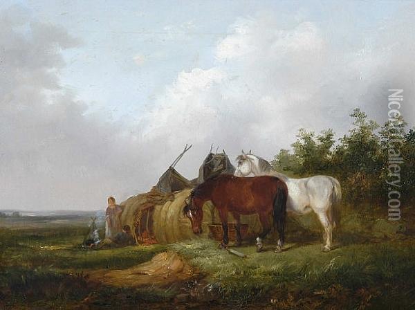 Gipsy Encampment With Two Horses Oil Painting - Thomas Smythe