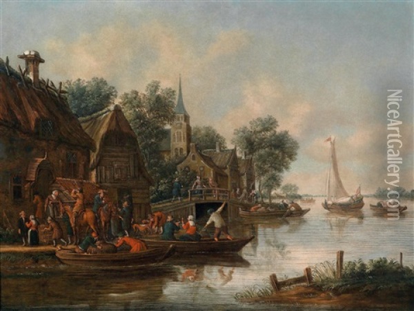 Wirtshaus Am Fluss Mit Feiernden Personen Auf Booten Oil Painting - Thomas Heeremans