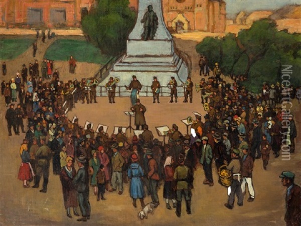 On The Market Place Oil Painting - Lajos Gimes