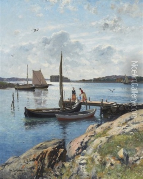 Pa Bryggan, Sommarmotiv Fran Marstrand Oil Painting - Johan Ericson