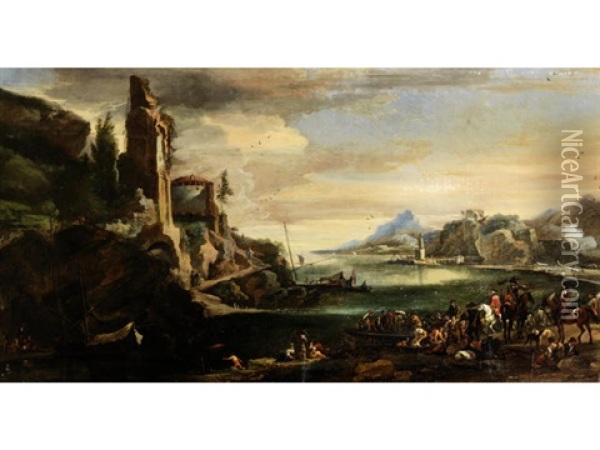 A Mediterranean Inlet With Stevedores Unloading Barges In The Foreground And Soldiers On Horseback On The Quayside Oil Painting - Johann Anton Eismann