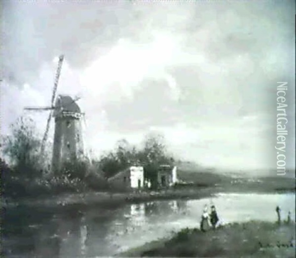 Paysage Hollandais Au Moulin Oil Painting - Pierre Justin Ouvrie