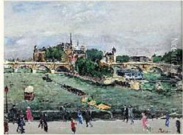 Paris, Le Pont-neuf Et L'ile De La Cite Oil Painting - Lucien Adrion