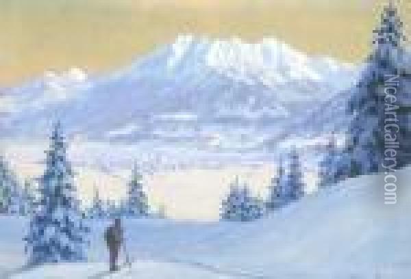 Blick Auf Das Winterliche
 Oberstdorf. Oil Painting - Edward Theodore Compton