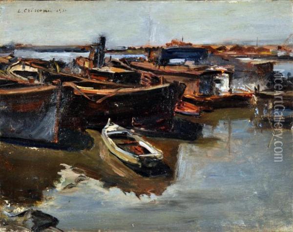 Barche Al Molo Oil Painting - Luigi Crisconio
