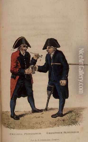A Chelsea Pensioner and a Greenwich Pensioner from Ackermanns World in Miniature Oil Painting - Frederic Shoberl