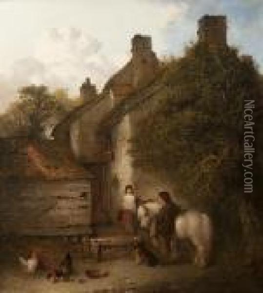 Children With Grey Pony, Spaniel And Chickens At A Cottage Doorway Oil Painting - Edward Robert Smythe