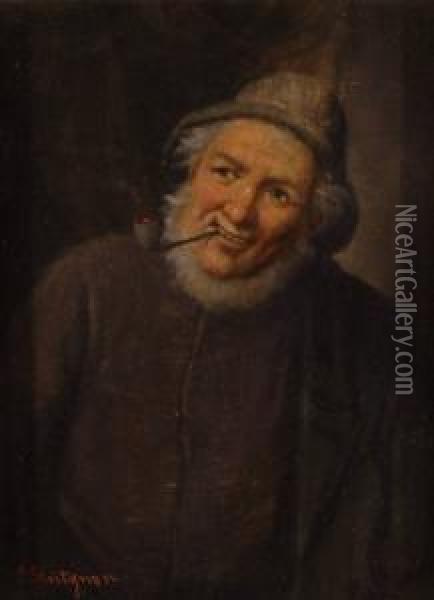 Oil On Panel,1/2 Length Portrait Of A Fisherman Smoking A Pipe, Signed, 8