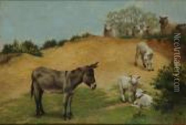 A Donkey And Lambs Oil Painting - Herbert William Weekes