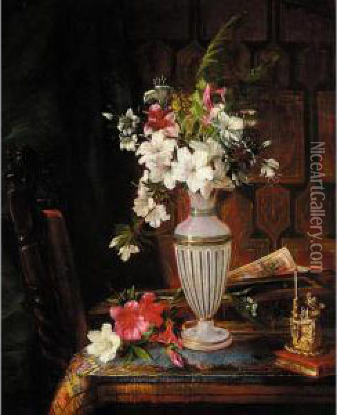 Still Life Of Flowers With Books And A Matchstick Holder Oil Painting - Jessica Hayllar