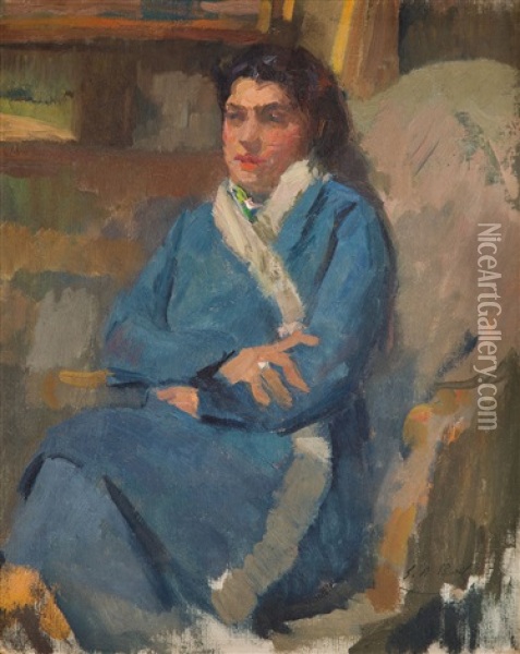 Portrait Of The Artist's Daughter In A Blue Dressing Gown Oil Painting - Elie Anatole Pavil