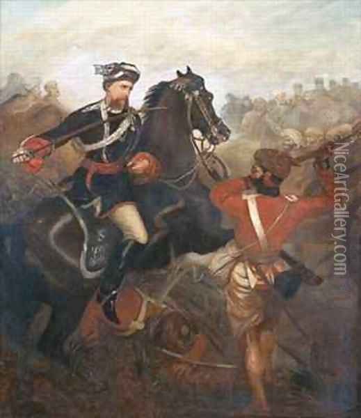 Lieutenant Frederick Robertson Aikman 1828-88 earning the Victoria Cross at Lucknow during the Indian Mutiny on 1st March 1858 Oil Painting - Chevalier Louis-William Desanges