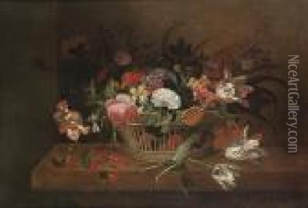 Tulips, Roses, Poppies And Other
 Flowers In A Basket With A Red Admiral Butterfly And Other Insects 
Beside A Bunch Of Cherries On A Tabletop Oil Painting - Jacob Marrel