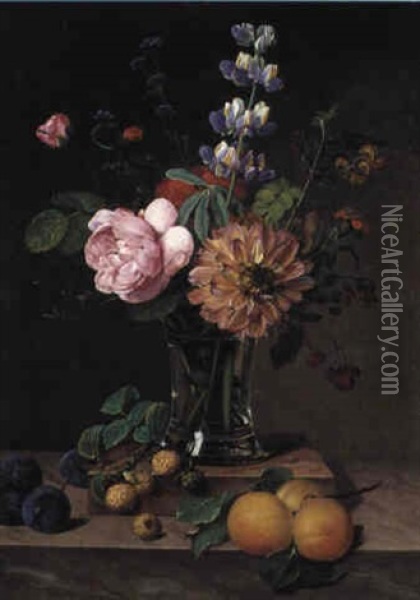 Vase Med Broget Buket Pa Et Bord Med Frugter Oil Painting - Christine Marie Lovmand