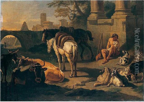 A Drover And Pack-animals Resting Among Roman Ruins Oil Painting - Pieter van Bloemen